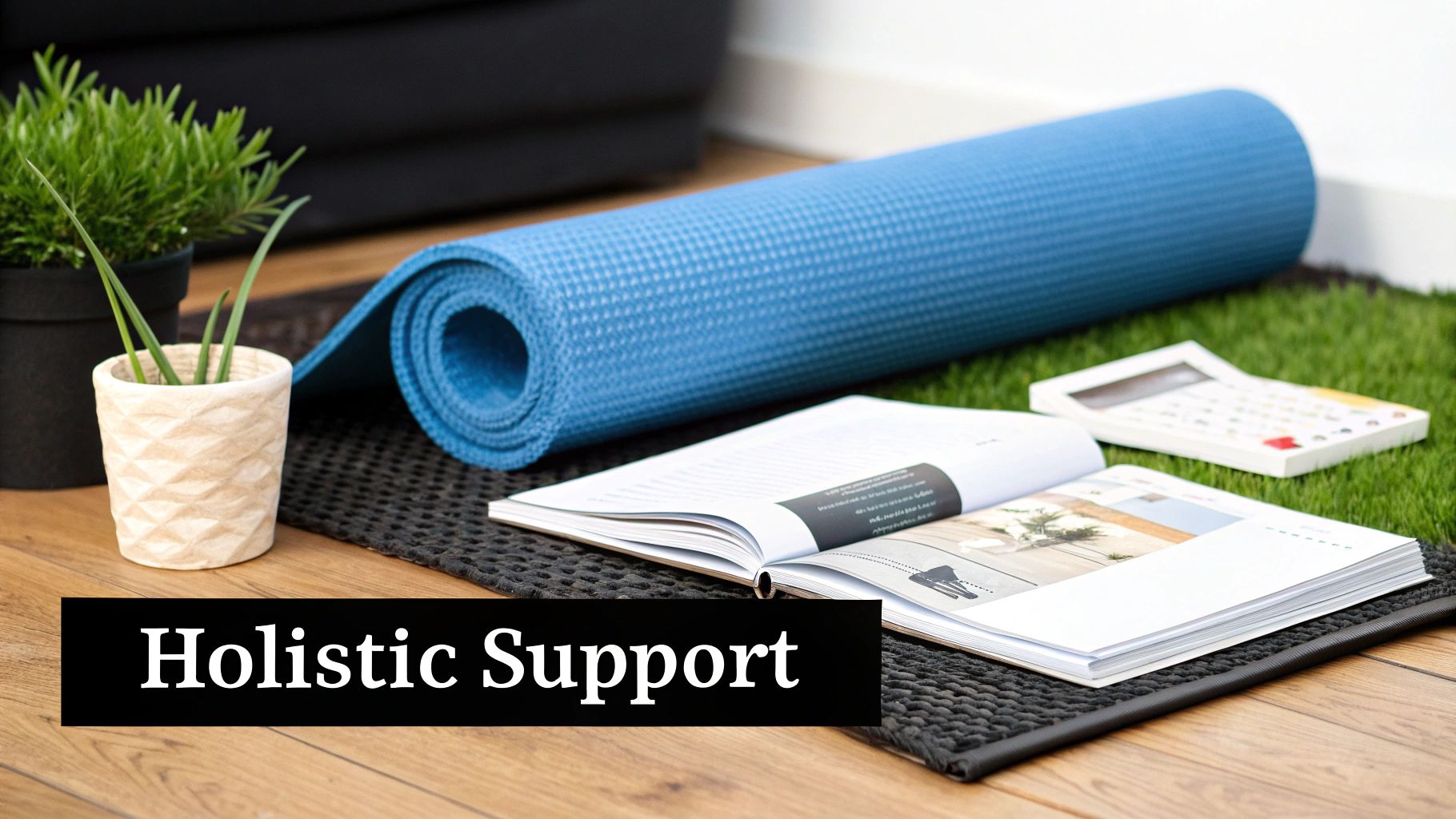 A blue yoga mat, potted plants, an open book, and a calculator on a mat and wooden floor, promoting holistic wellness.
