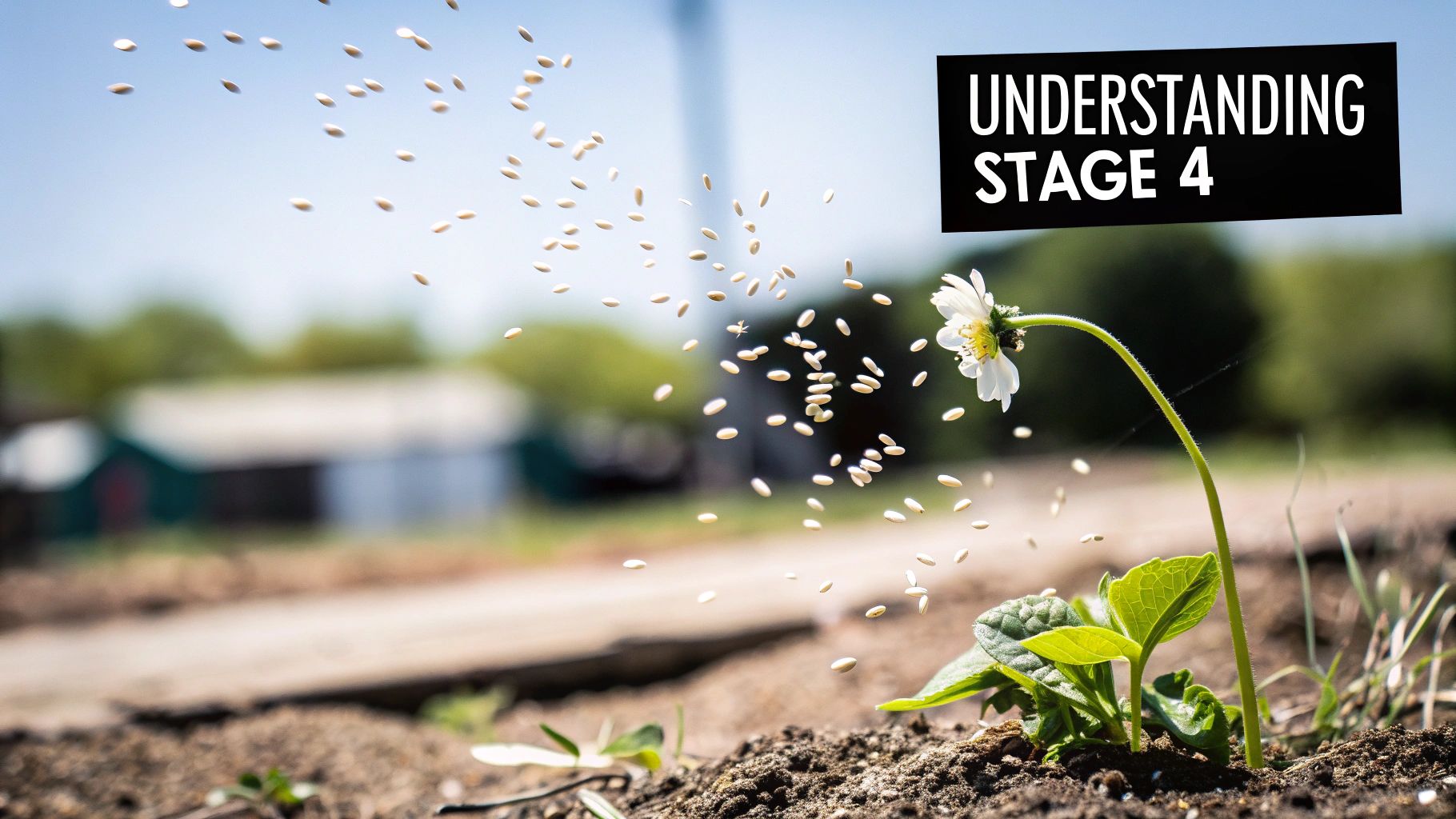 A small plant with a white flower growing from soil, with seeds falling, and text 'UNDERSTANDING STAGE 4'.