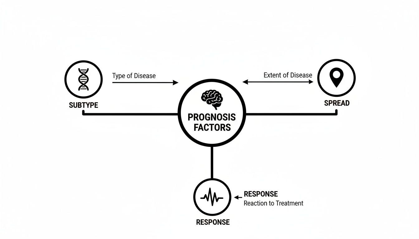 A medical diagram illustrating key prognosis factors: disease subtype, spread, and treatment response.