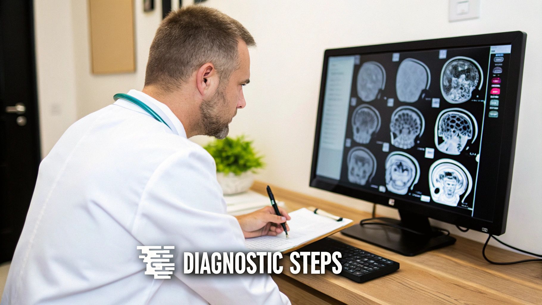 A doctor in a white coat examines brain scans on a computer monitor and writes notes, representing diagnostic steps.