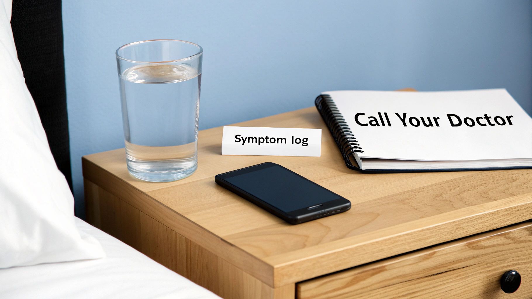 A bedside table with a glass of water, a phone, a "Symptom log" sign, and a "Call Your Doctor" notebook.