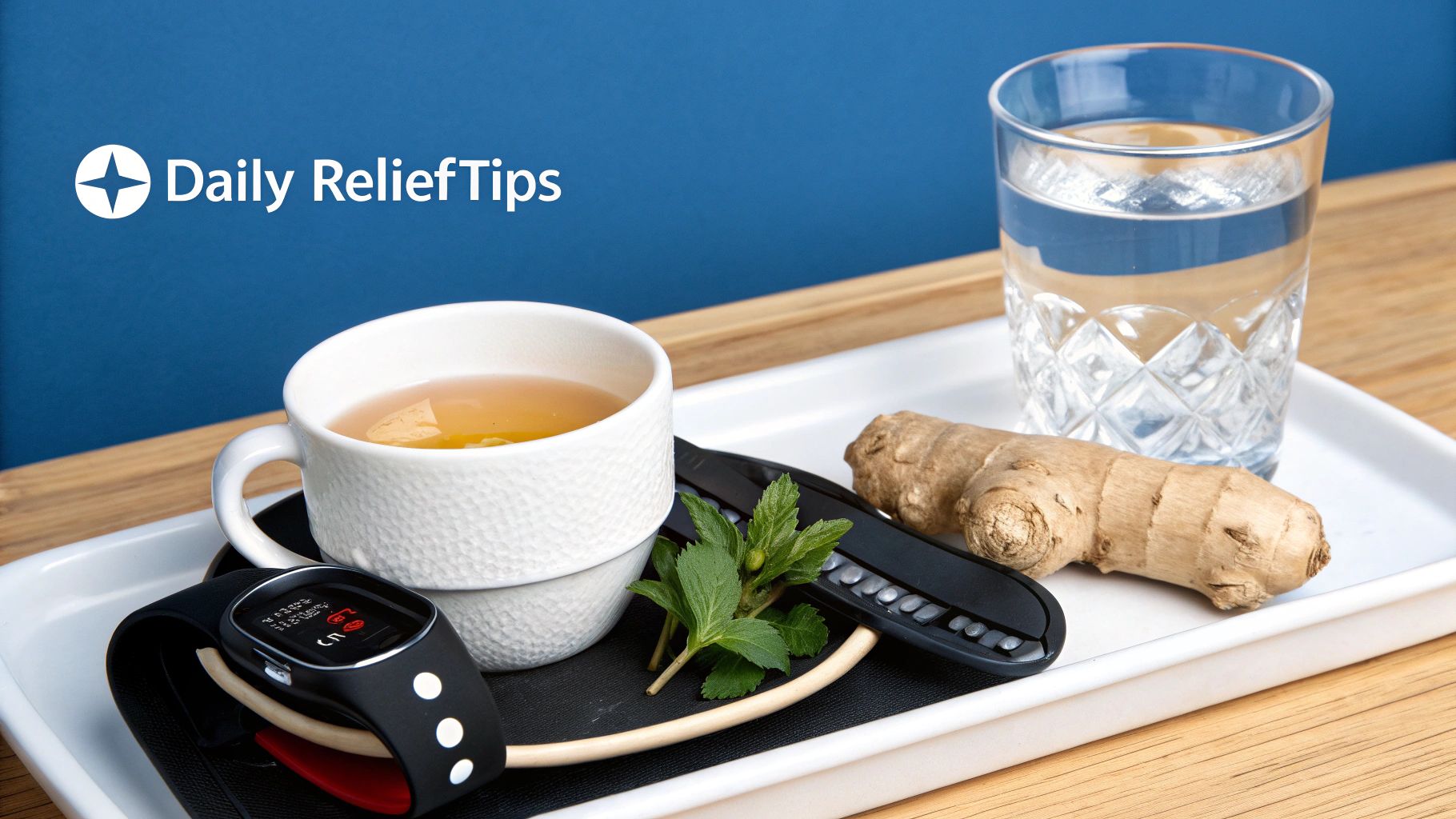 A white tray holds ginger tea, fresh mint, a glass of water, ginger root, and a wellness tracker.