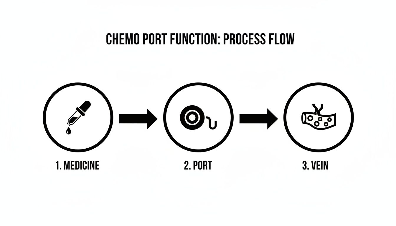 A diagram illustrating the process flow of a chemotherapy port, from medicine to port to vein.