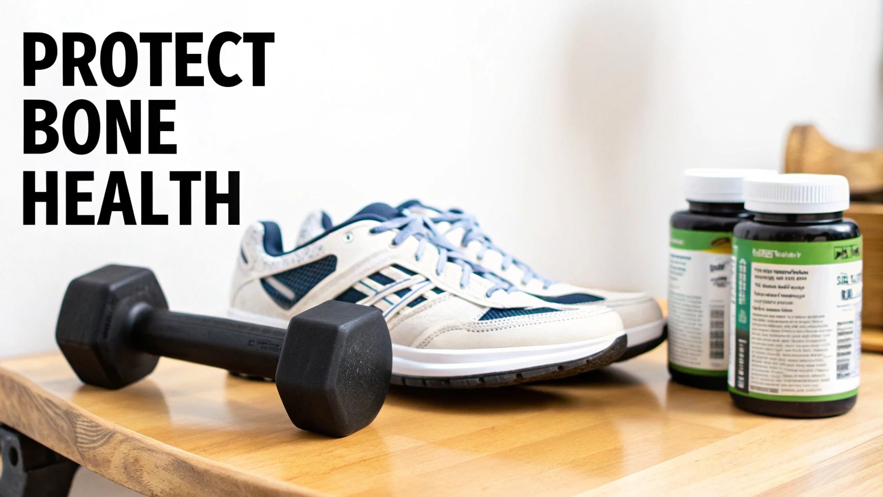 Image promoting bone health with a dumbbell, athletic shoes, and supplement bottles on a wooden surface.