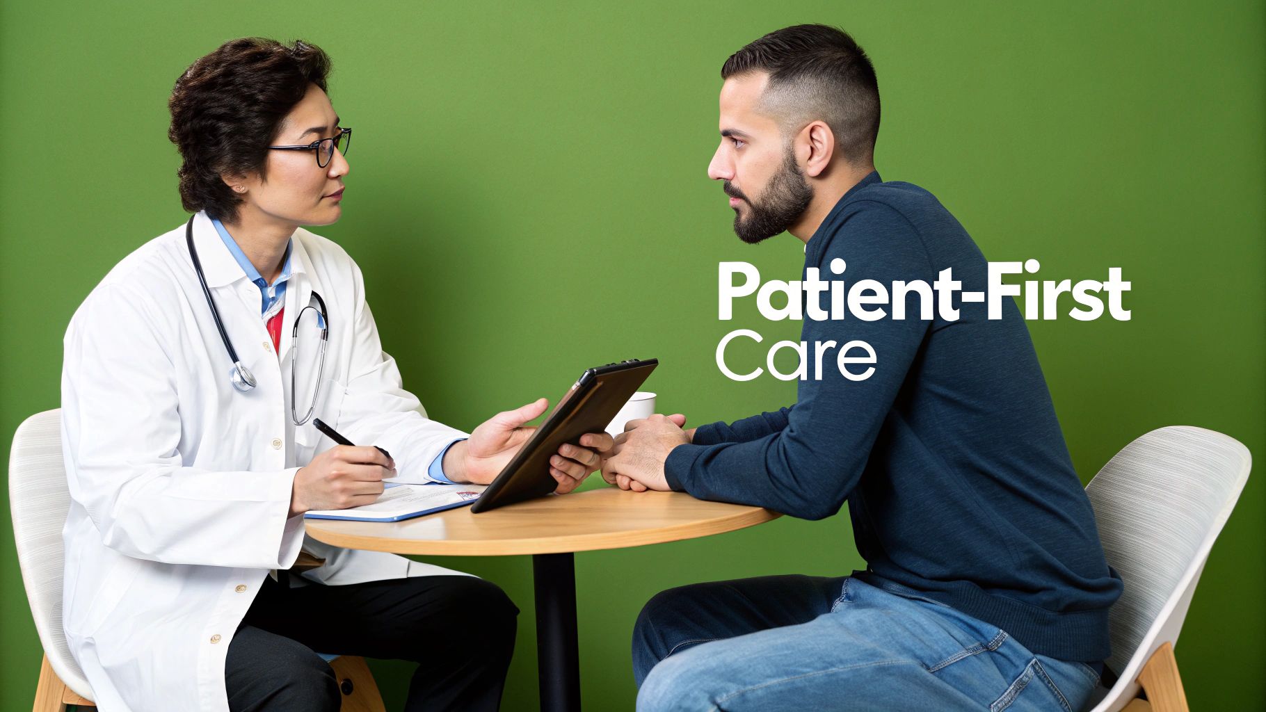 A female doctor in a white coat consults a male patient at a table with text 'Patient-First Care'.