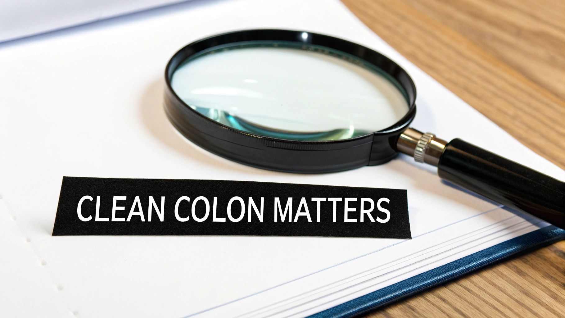A magnifying glass and a black label with 'CLEAN COLON MATTERS' text on a white notepad.