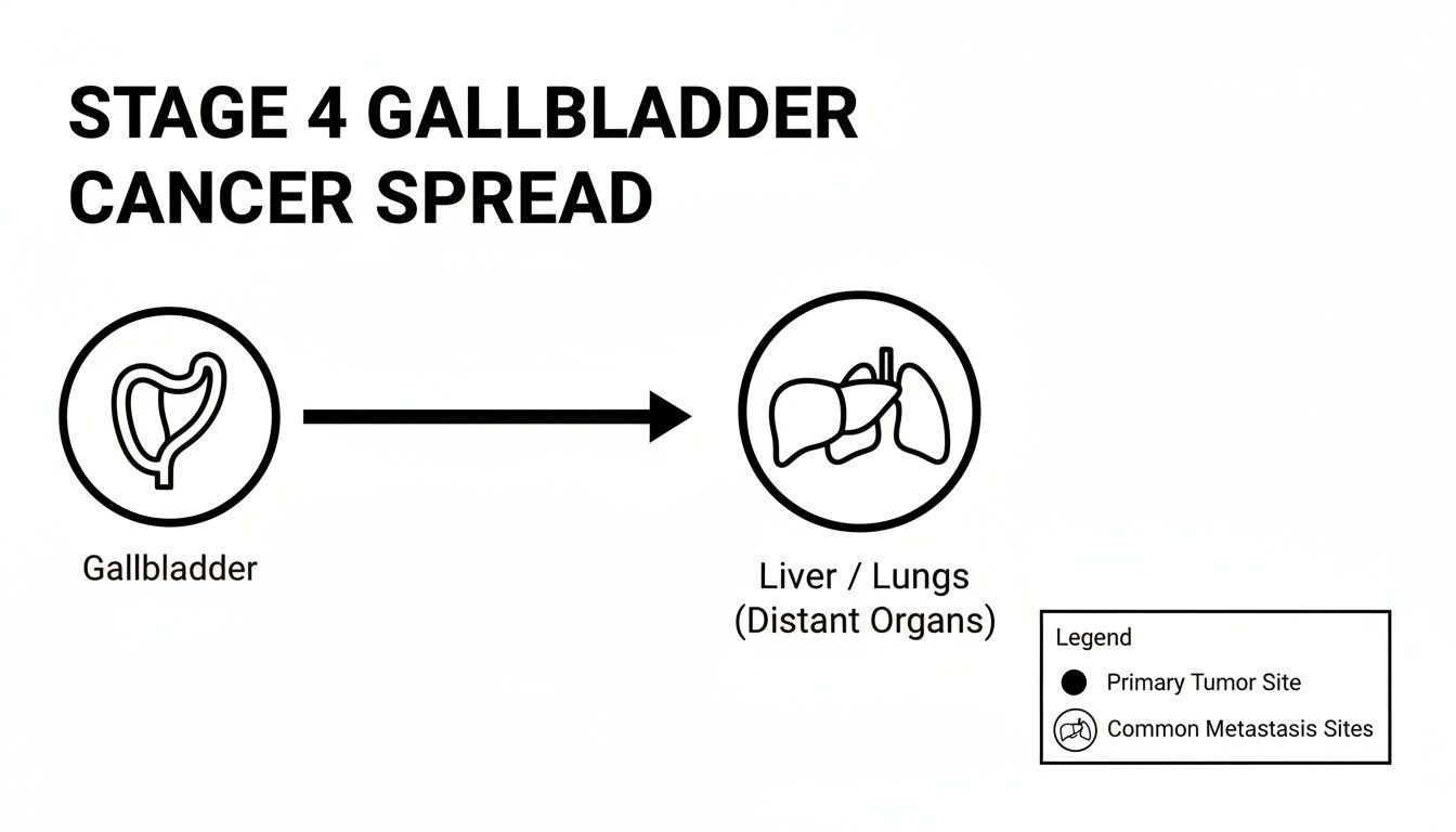 Diagram illustrating Stage 4 Gallbladder Cancer spread from the primary gallbladder site to distant organs like the liver and lungs.