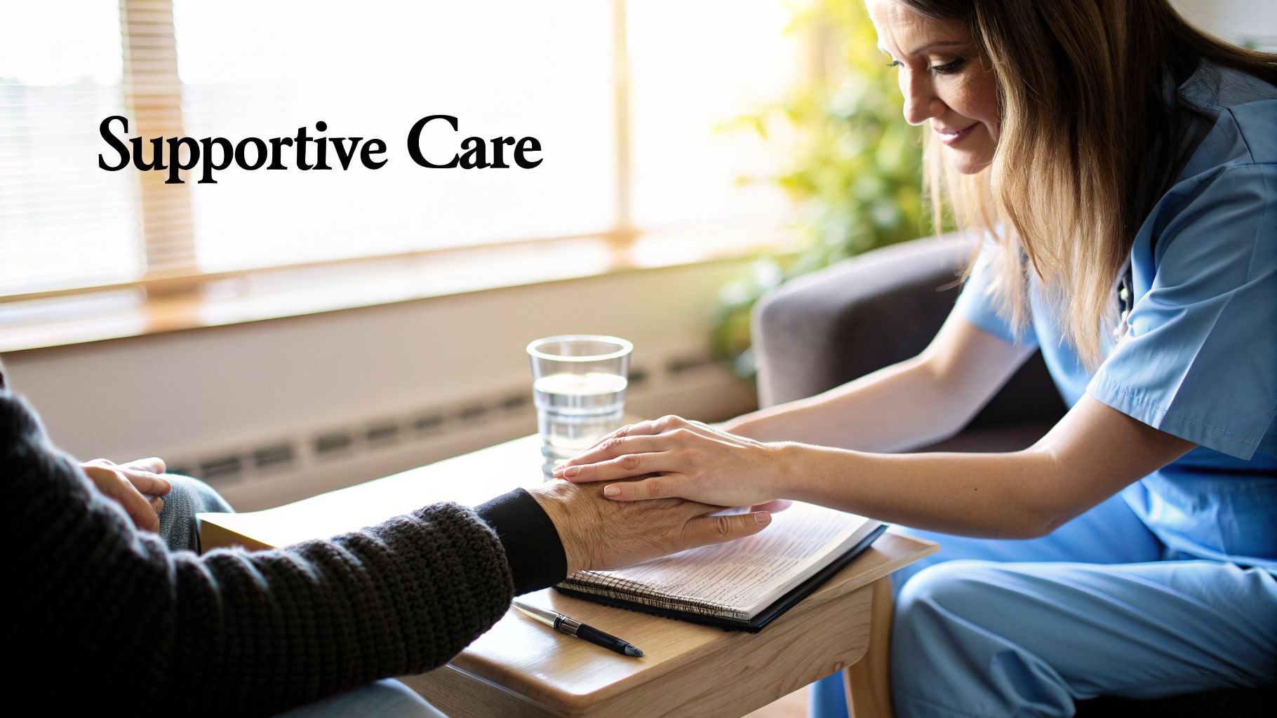 A healthcare professional in blue scrubs gently holds an elderly patient's hand, with 'Supportive Care' text.