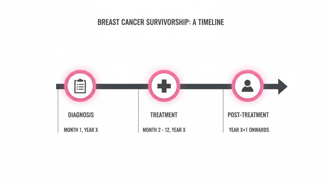 Infographic timeline detailing breast cancer survivorship stages: diagnosis, treatment, and post-treatment.