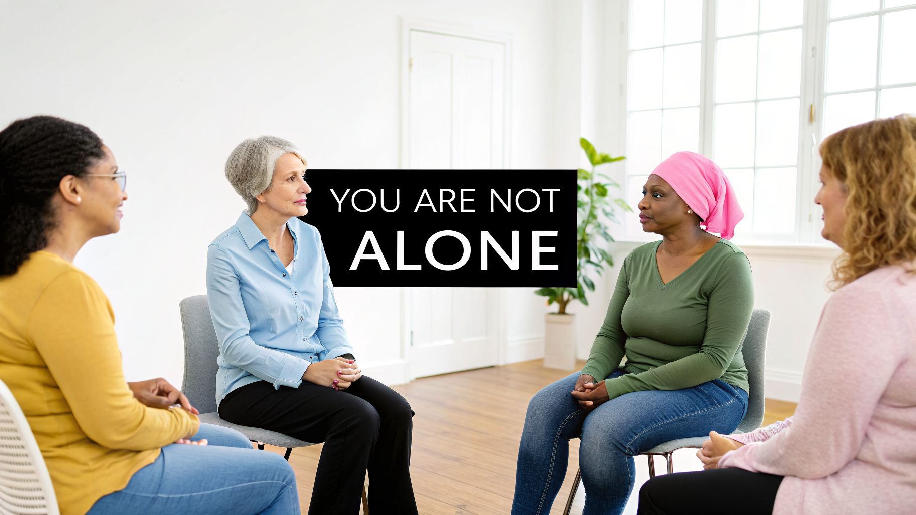 Four diverse women in a support group, one wearing a pink headscarf, with text 'YOU ARE NOT ALONE'.