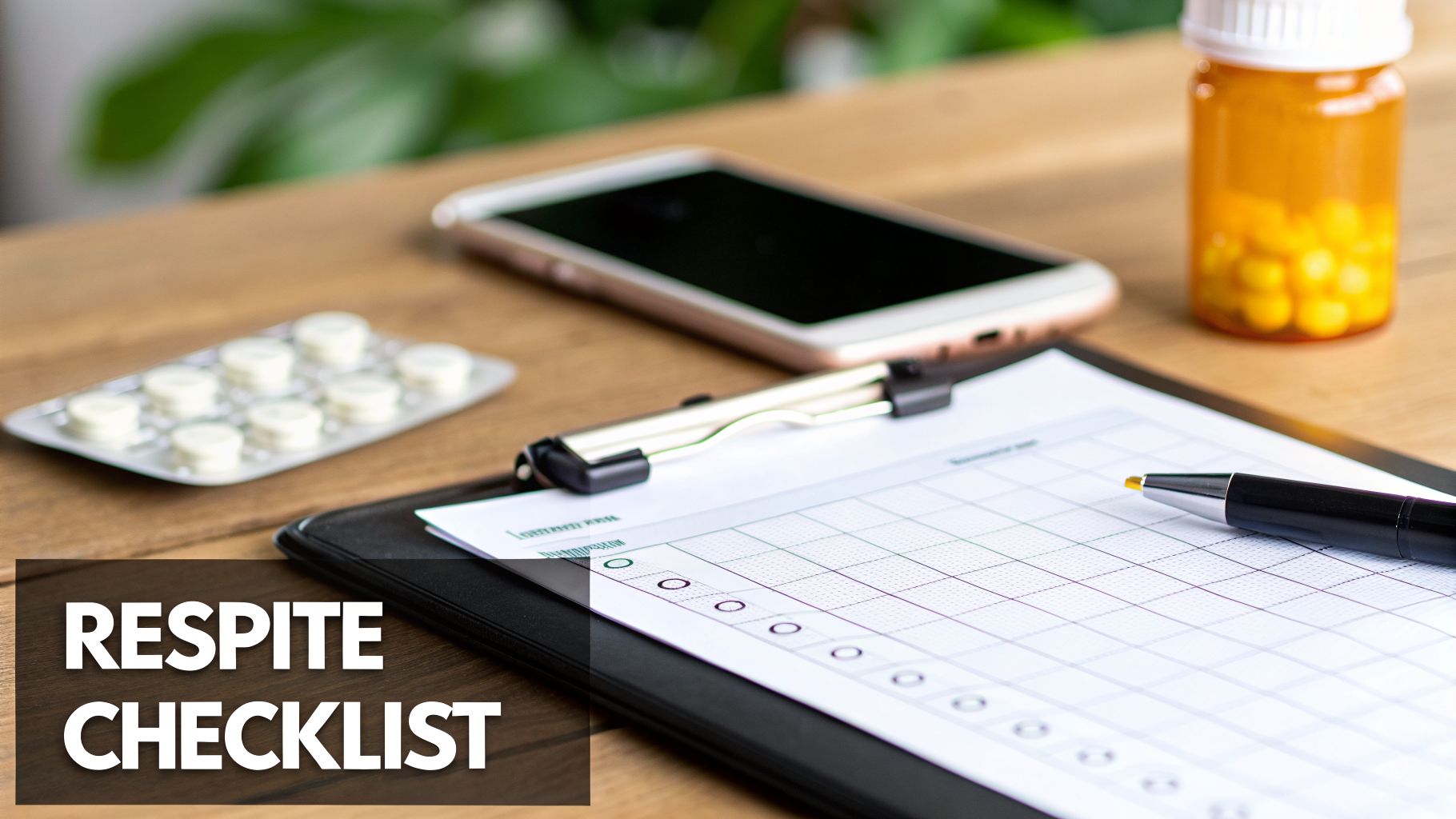 A wooden desk with a respite checklist on a clipboard, a pen, a smartphone, and medicine.