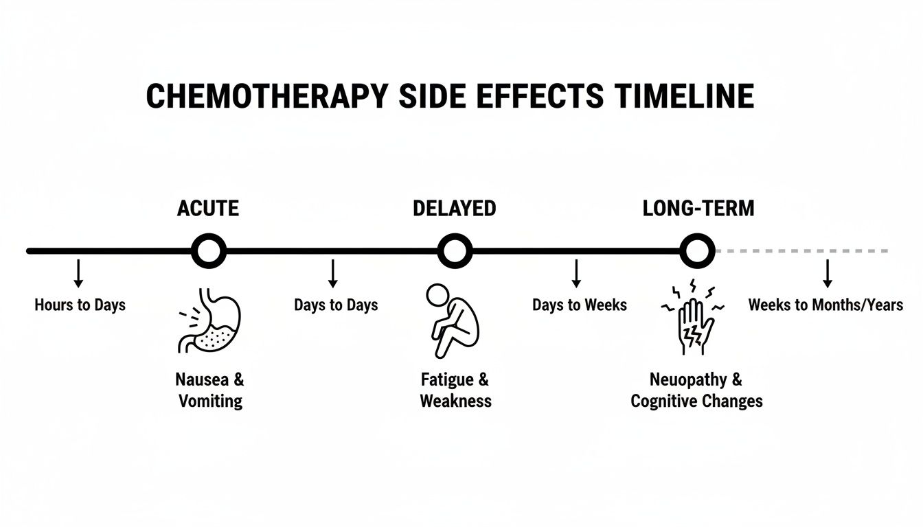 Timeline illustrating acute, delayed, and long-term chemotherapy side effects and their durations.