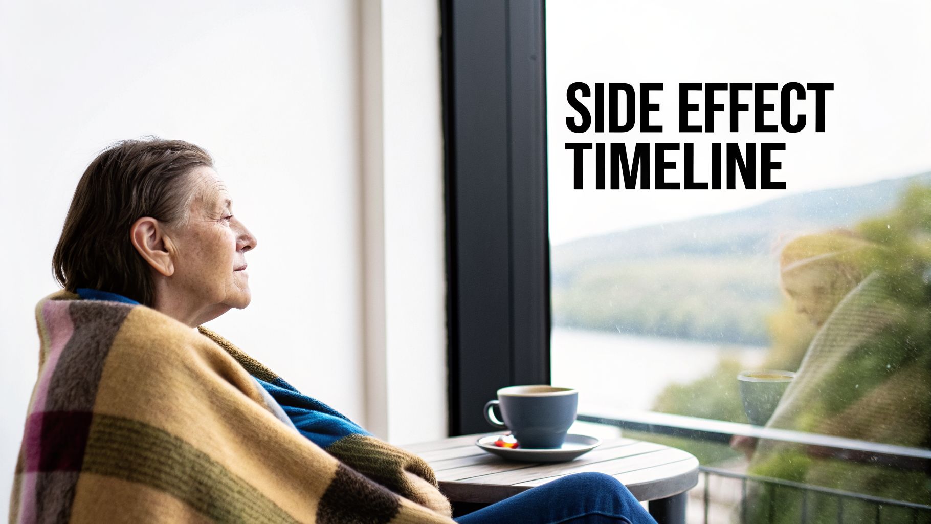 An elderly woman wrapped in a blanket looks out a window, with 'SIDE EFFECT TIMELINE' text.