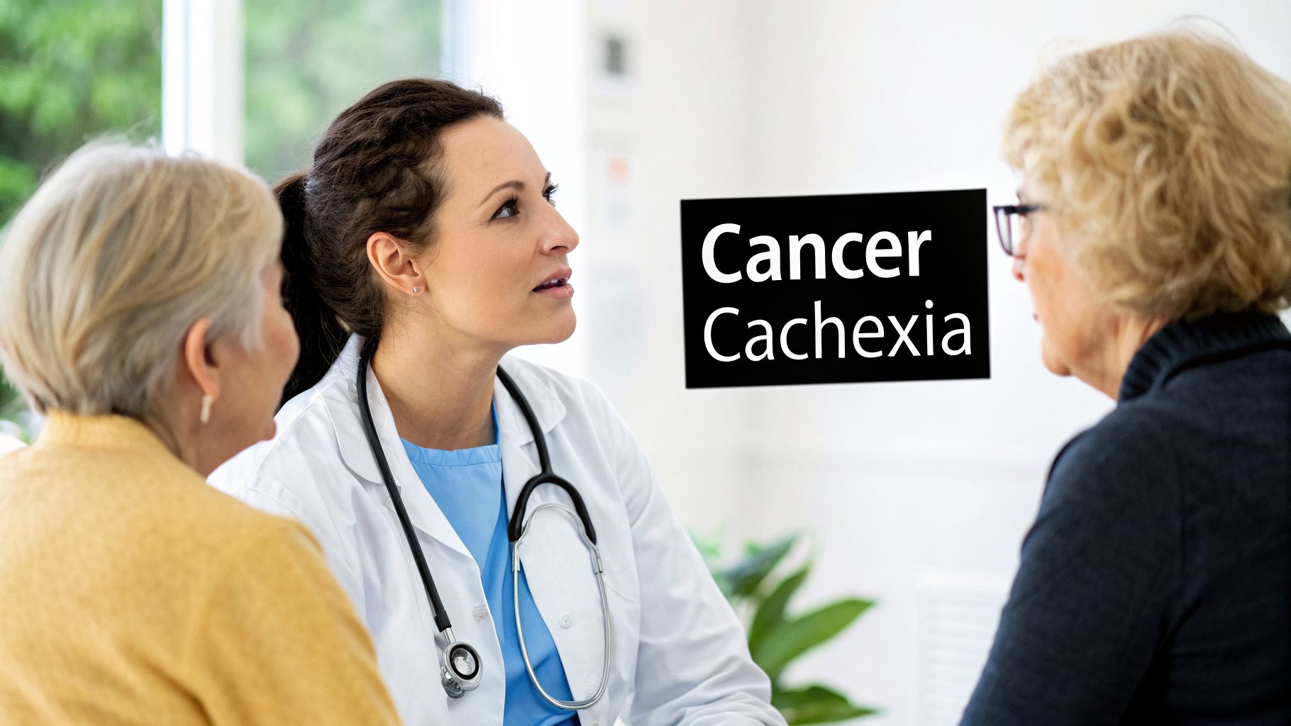 A female doctor discusses 'Cancer Cachexia' with two senior women in a clinical setting.