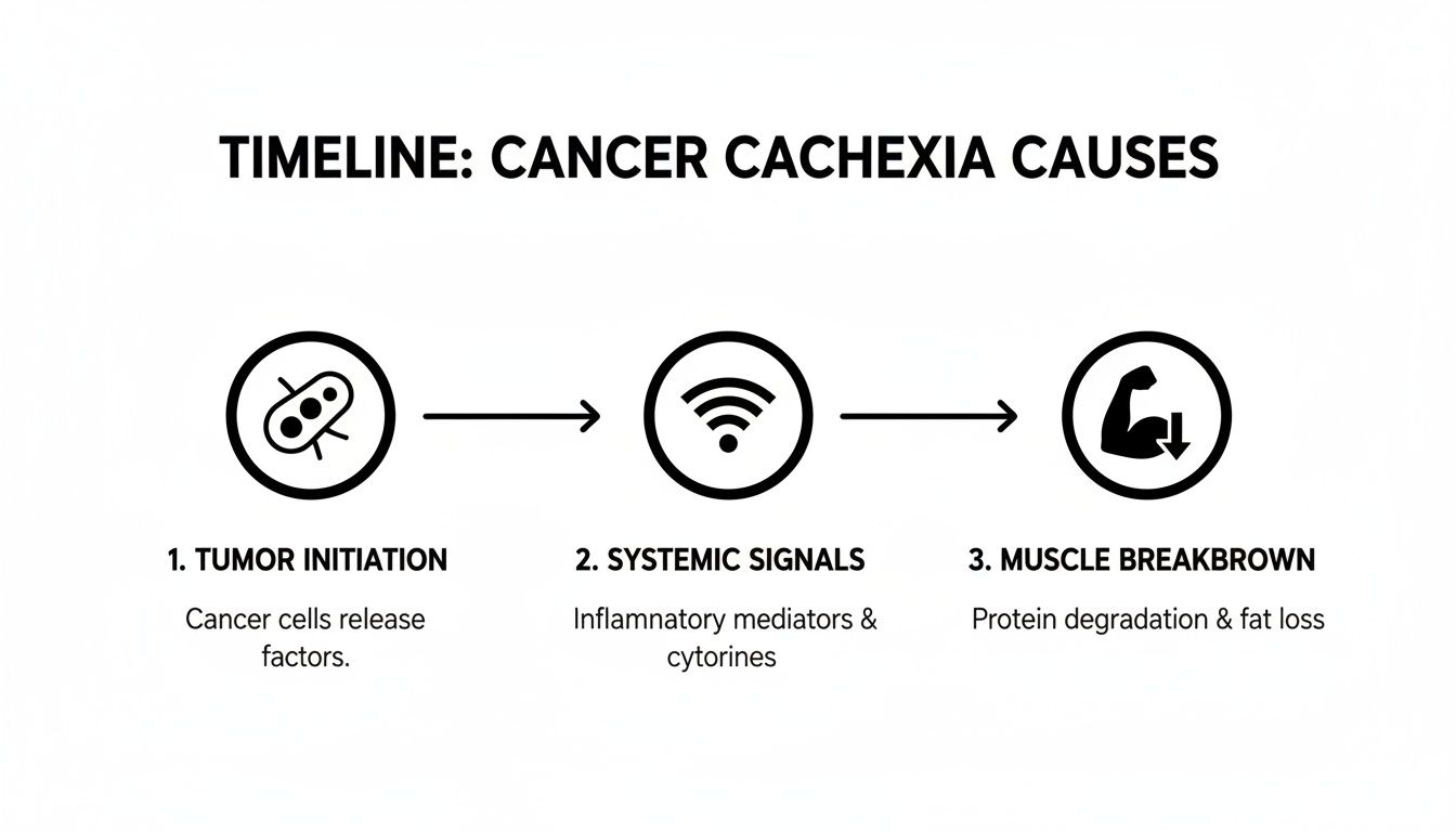 Timeline diagram illustrating the three main causes of cancer cachexia: tumor initiation, systemic signals, and muscle breakdown.