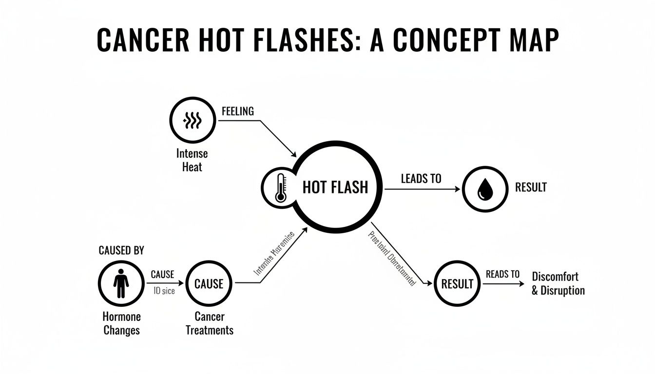 Concept map illustrating cancer hot flashes, causes, feelings, and results like discomfort and disruption.