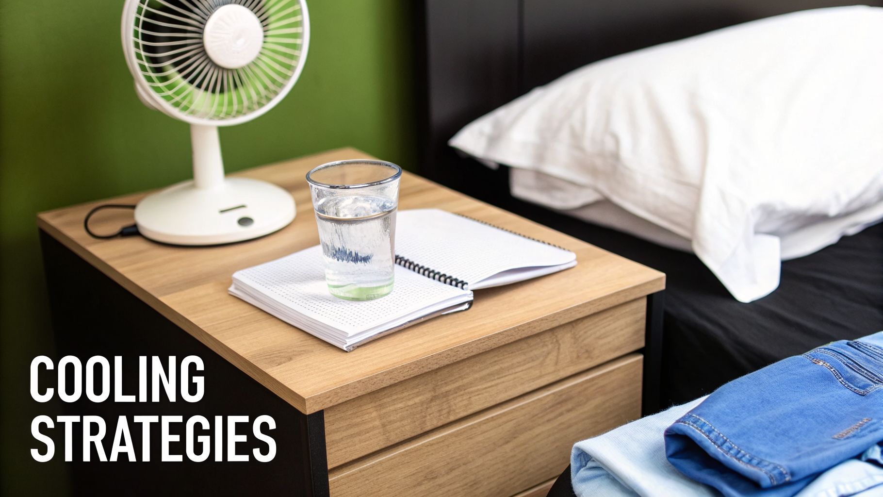 A bedside table with a fan, glass of water, and notebooks, illustrating cooling strategies in a bedroom.
