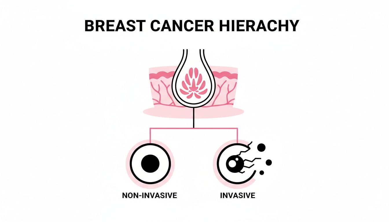 Diagram illustrating breast cancer hierarchy, showing a breast structure branching into non-invasive and invasive cancer types.