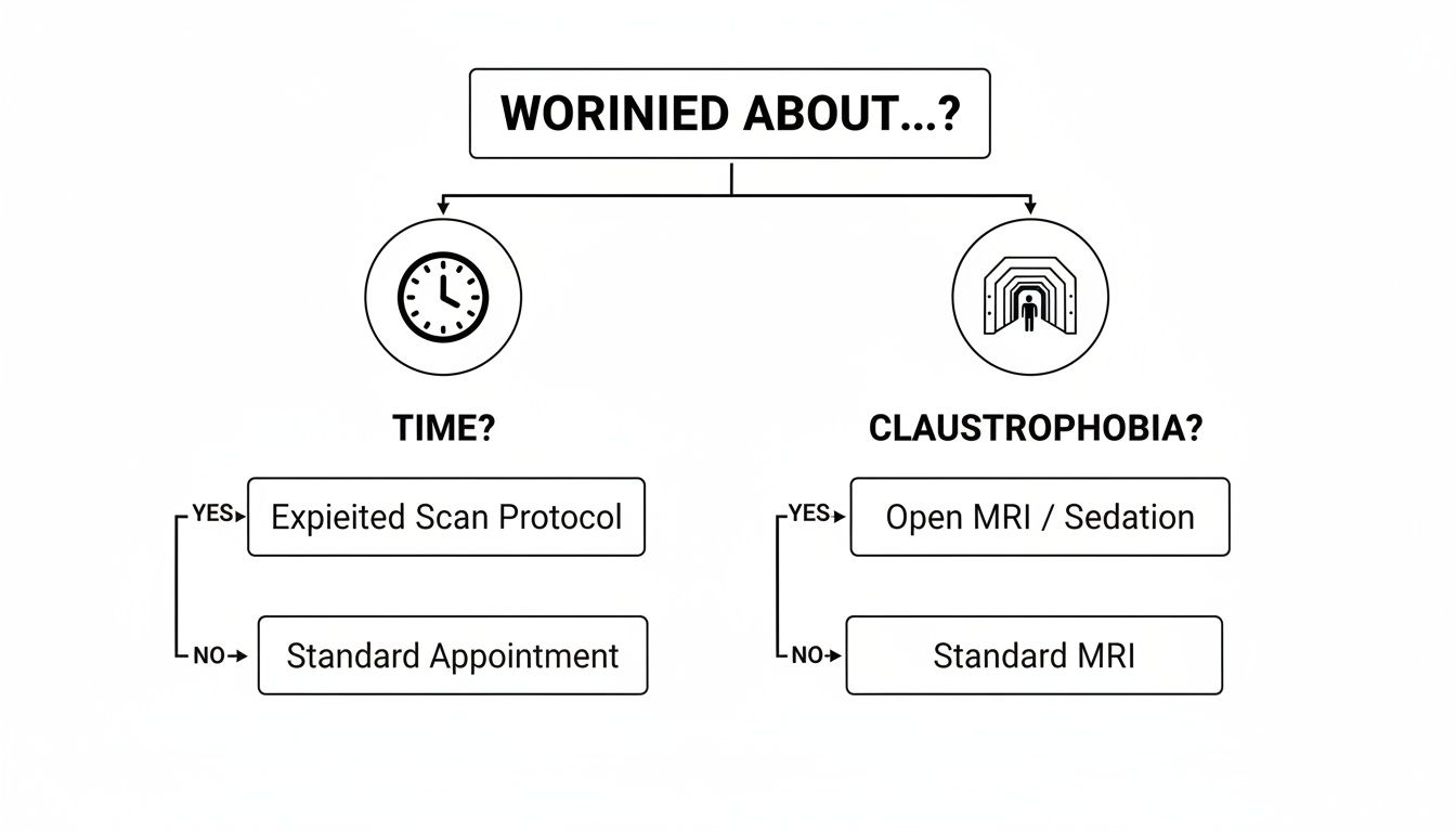 Flowchart addressing patient concerns for MRI: time and claustrophobia, offering tailored solutions.
