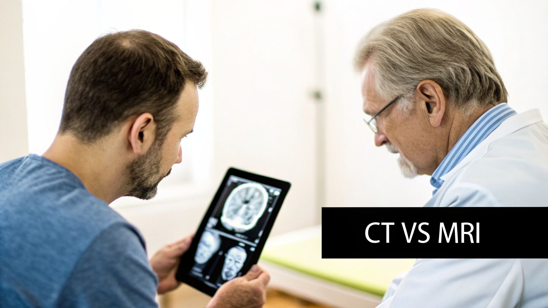 A doctor and patient review brain scans on a tablet, highlighting the difference between CT and MRI.