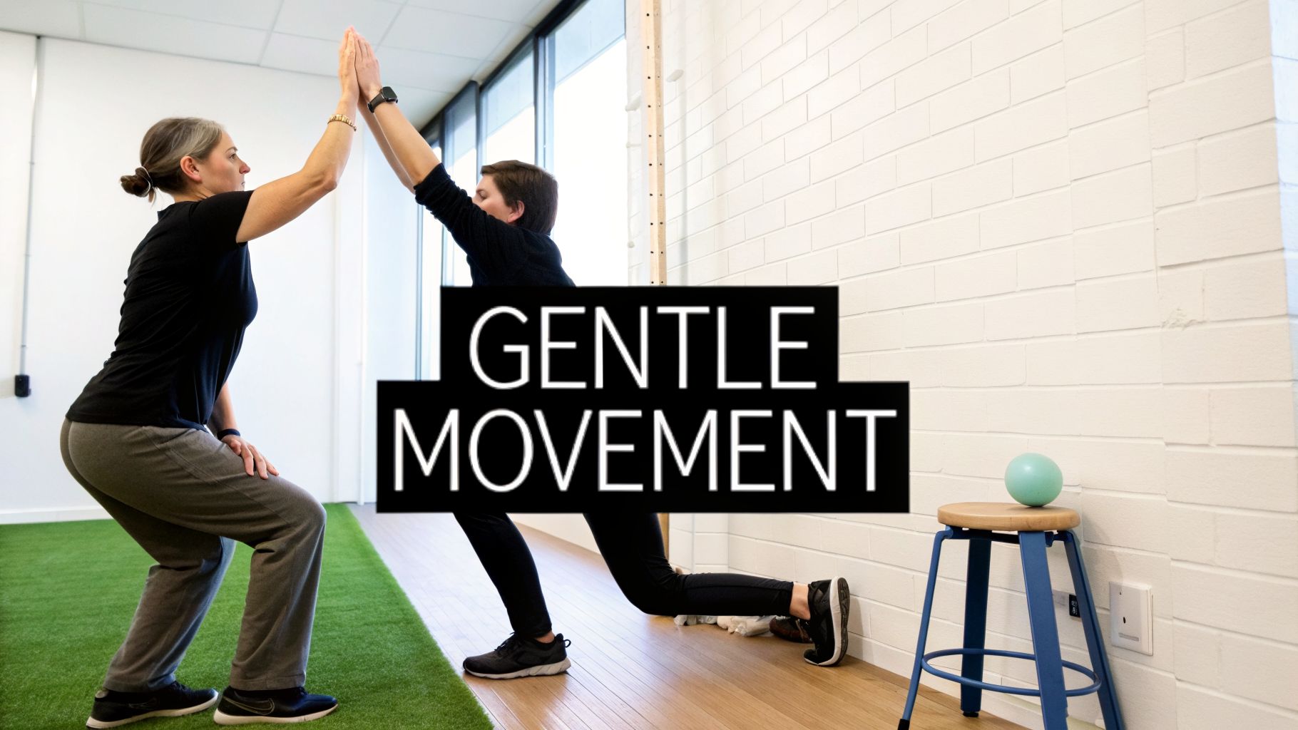 Two women high-fiving during gentle exercise in a bright gym with "Gentle Movement" text.
