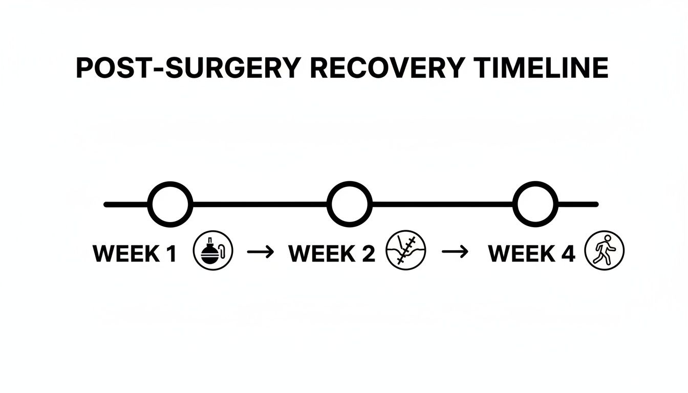 A post-surgery recovery timeline displaying milestones for Week 1 (drain), Week 2 (stitches), and Week 4 (running).