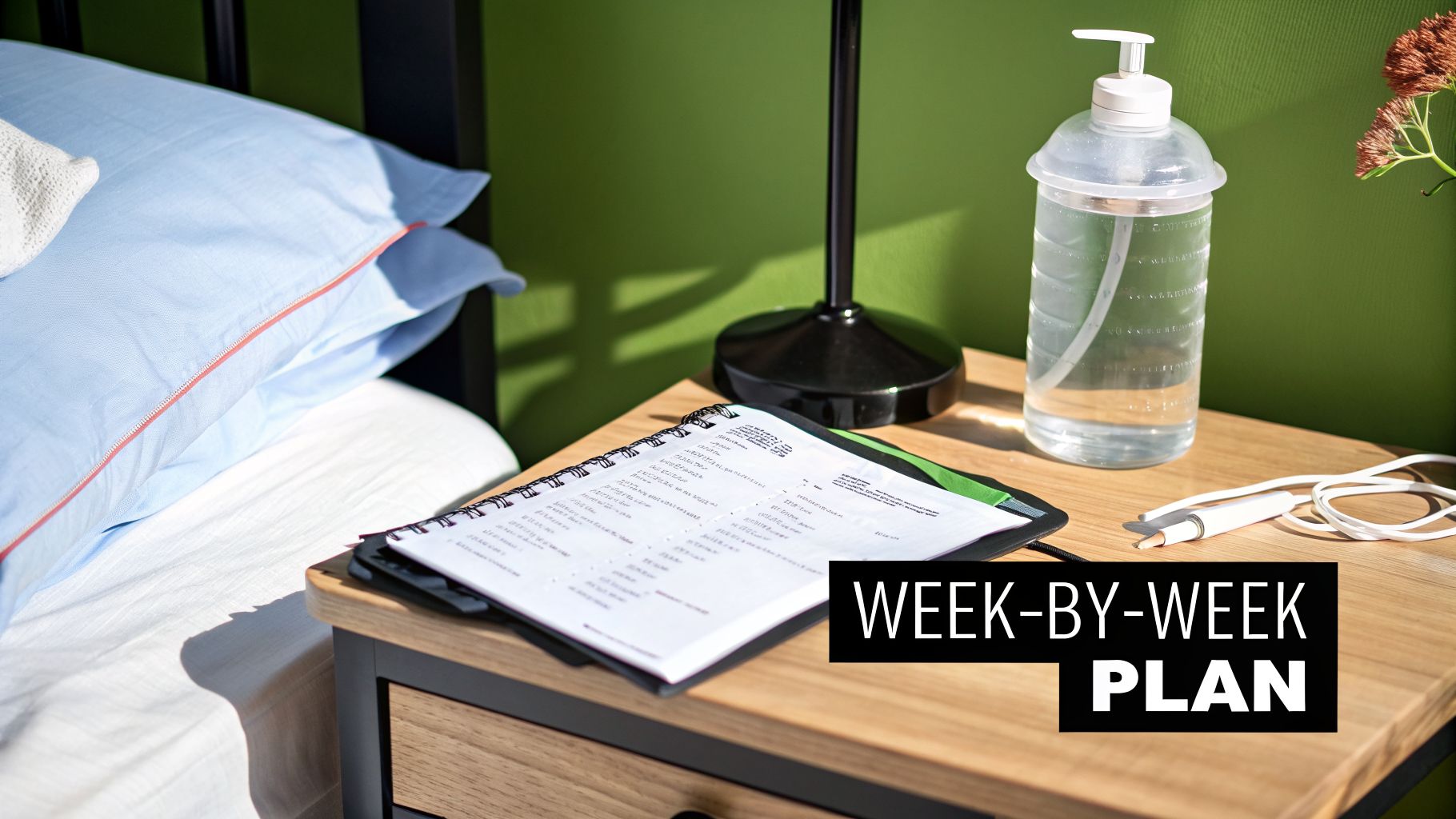 A nightstand next to a bed with a weekly planner, lamp, and a water bottle.
