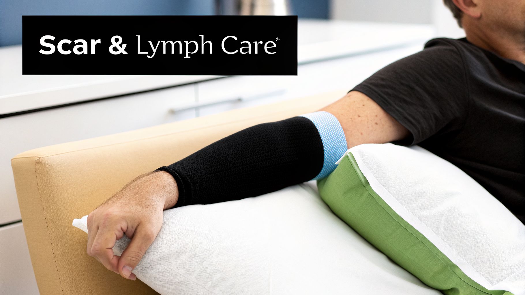 A person’s arm wearing a black compression sleeve and blue band, resting on a pillow. Scar & Lymph Care logo.