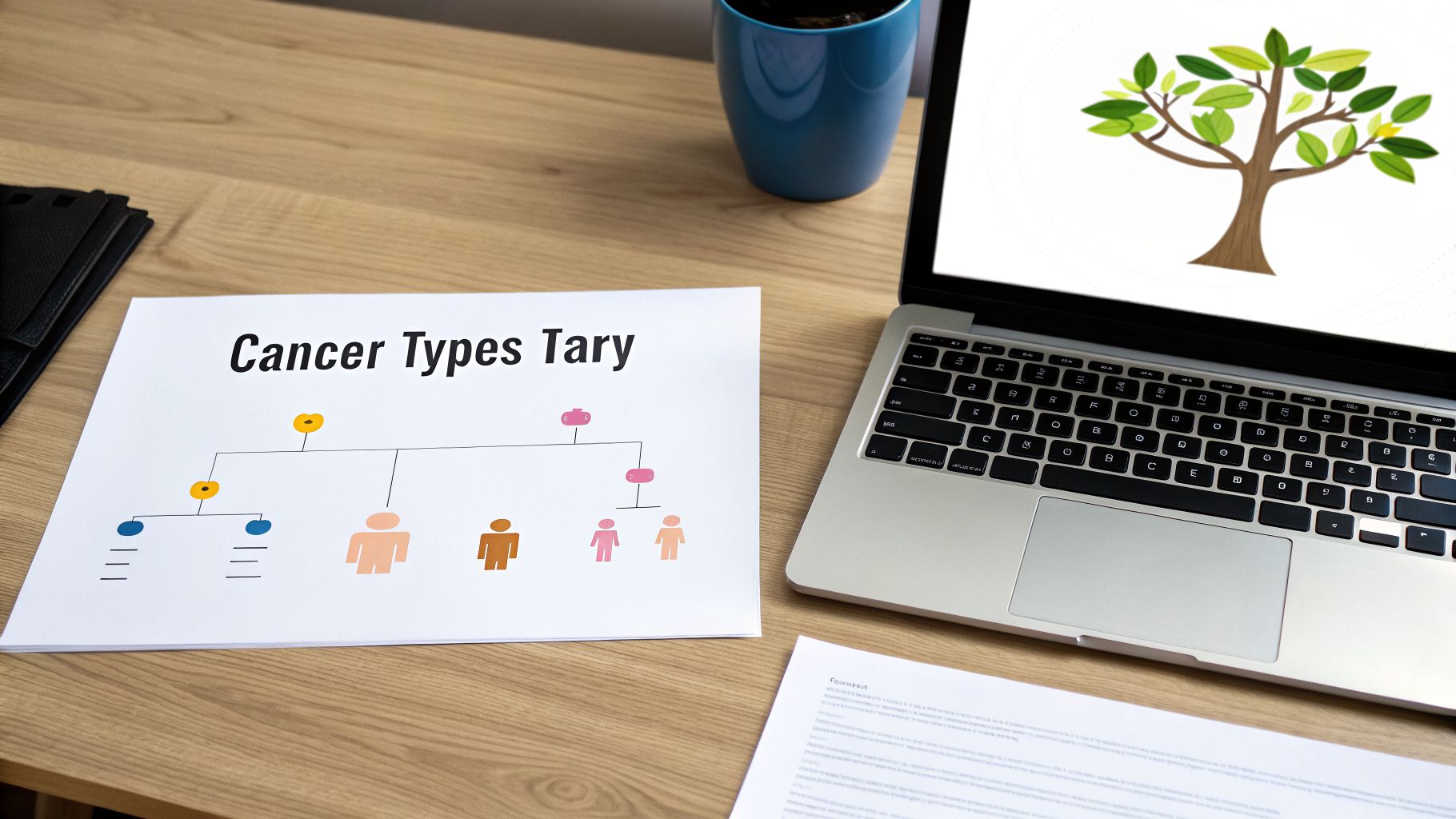 A wooden desk with a laptop displaying a tree, a 'Cancer Types' diagram, and a plant pot.