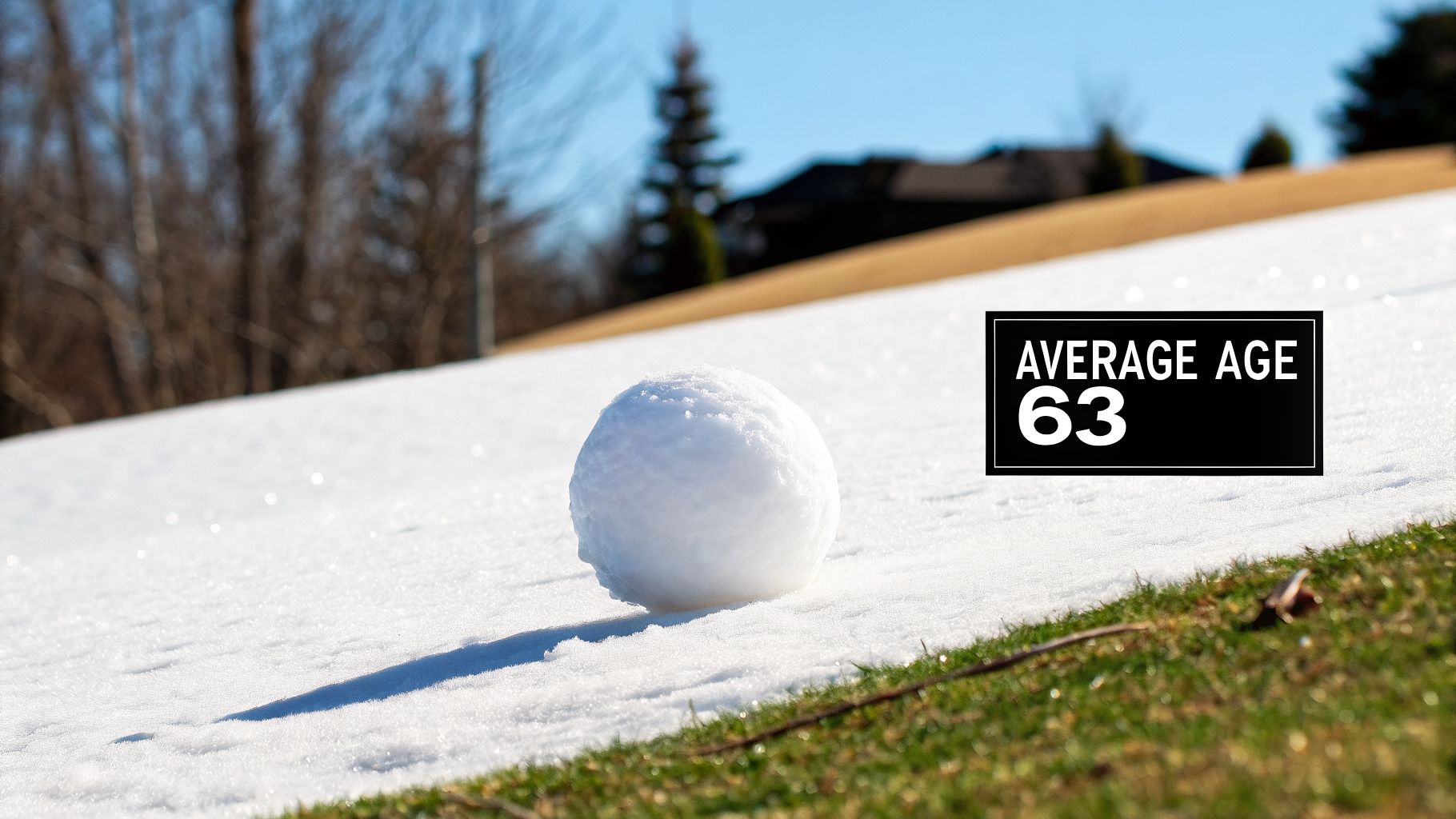 A single snowball rests on a sunlit, snow-covered hill, next to a sign displaying 'AVERAGE AGE 63'.