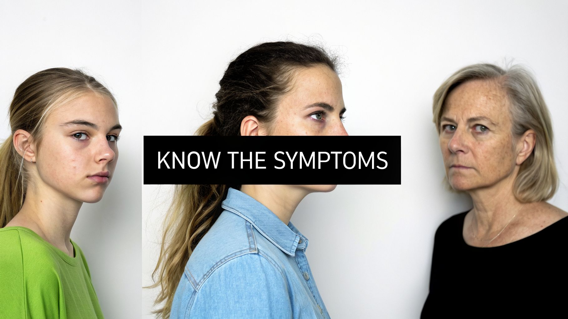 Three diverse women of different ages, looking concerned, with a 'KNOW THE SYMPTOMS' banner across their faces.