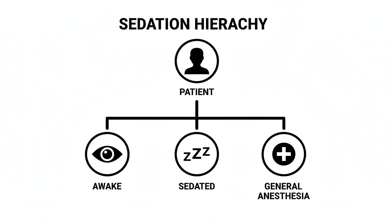 Diagram showing the sedation hierarchy for a patient, illustrating awake, sedated, and general anesthesia states.