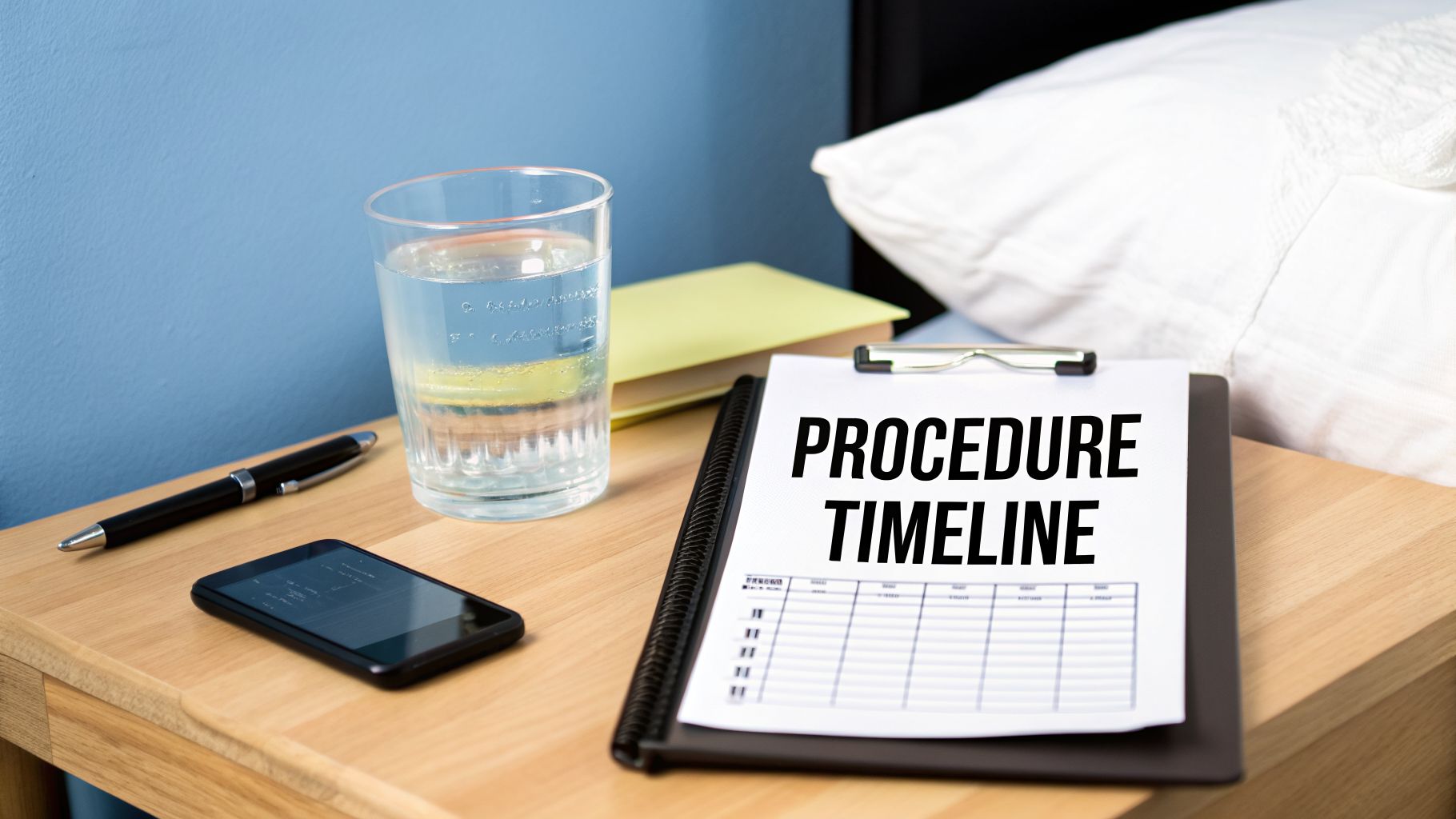 A bedside table holds a glass of water, pen, smartphone, book, and a "PROCEDURE TIMELINE" document.