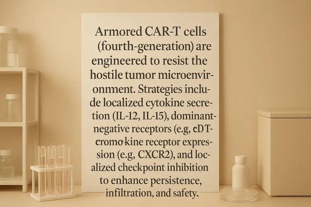 Armored CAR-T cells (fourth-generation) are engineered to resist the hostile tumor microenvironment. Strategies include localized cytokine secretion (IL-12, IL-15), dominant-negative receptors (e.g., dnTGFbRII), chemokine receptor expression (e.g., CXCR2), and localized checkpoint inhibition to enhance persistence, infiltration, and safety.