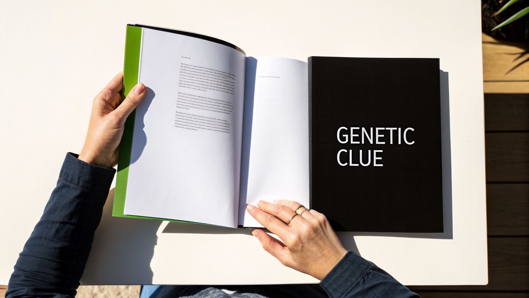 Person's hands holding an open book next to a black book titled 'GENETIC CLUE' on a table.