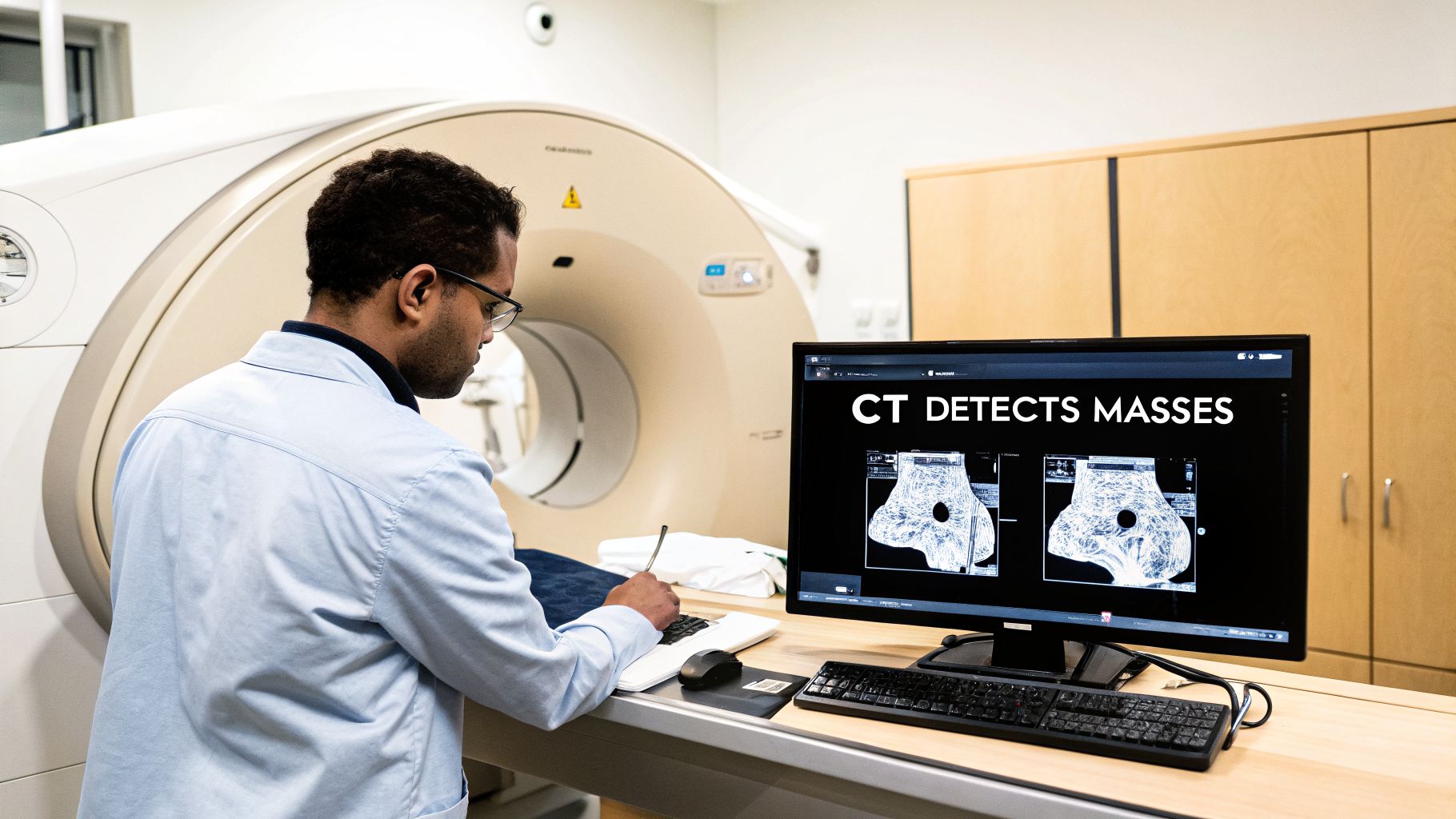 A male doctor in a lab coat reviews CT scans on a monitor next to a large CT scanner.
