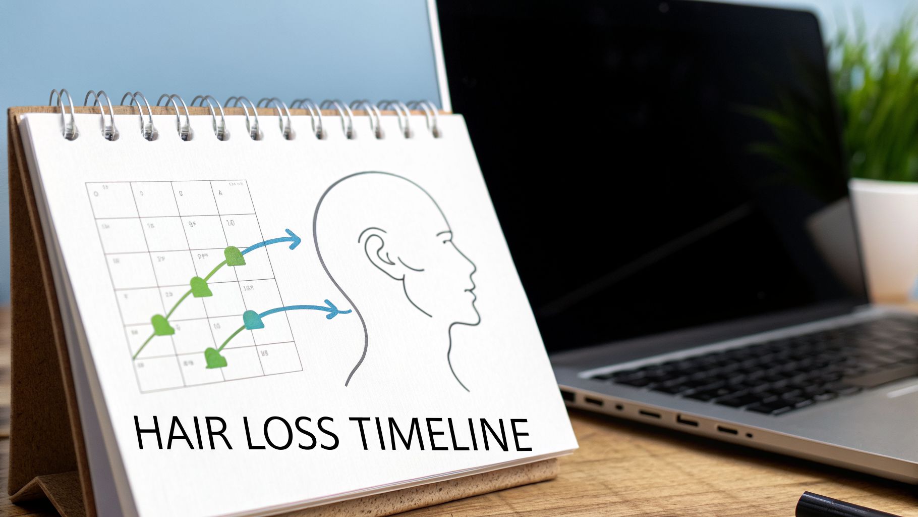 A desk calendar displays 'HAIR LOSS TIMELINE' with a head diagram and a chart indicating progression.