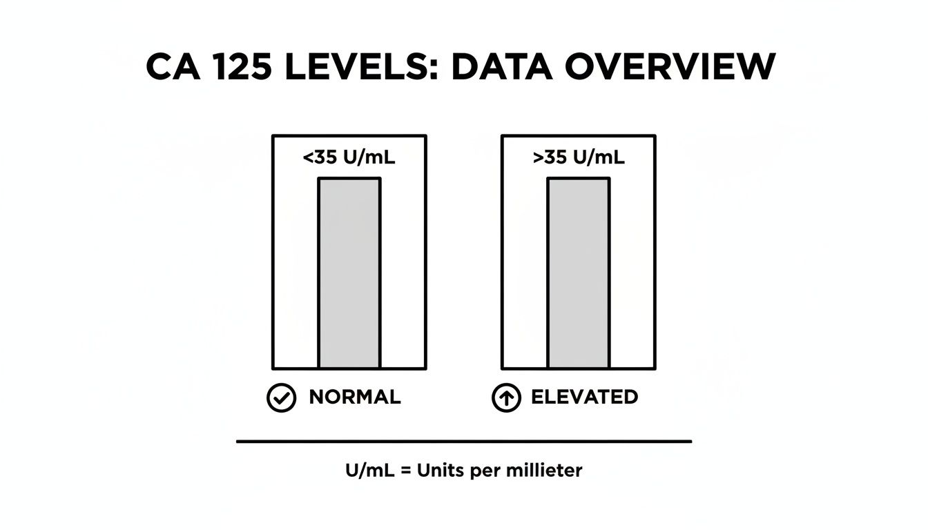An overview of CA 125 levels, showing normal (<35 U/mL) and elevated (>35 U/mL) ranges.