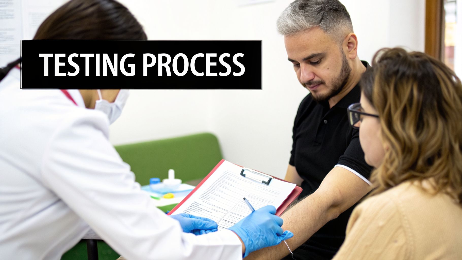 A healthcare worker wearing a mask and gloves consults with a male and female patient about a testing process.