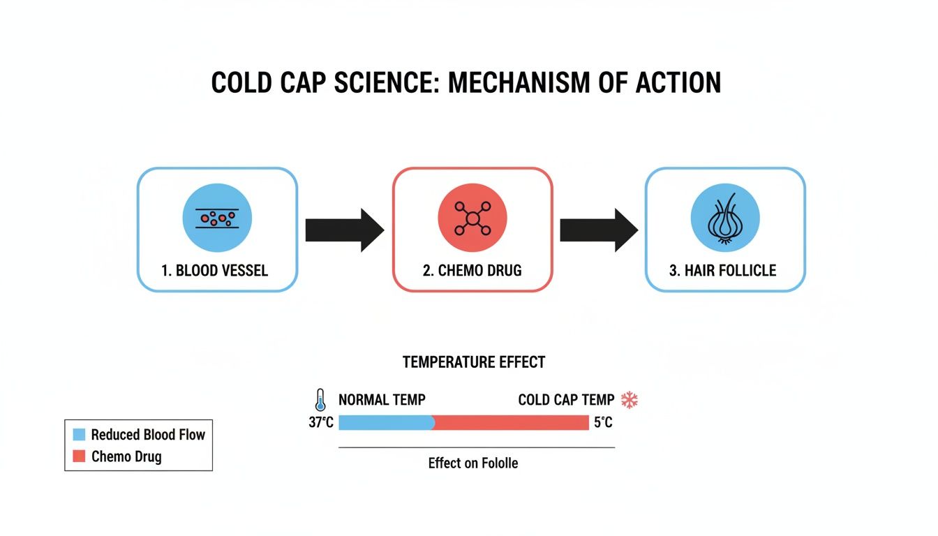 Diagram explaining cold cap science: how cold temperatures reduce chemotherapy drug flow to hair follicles.