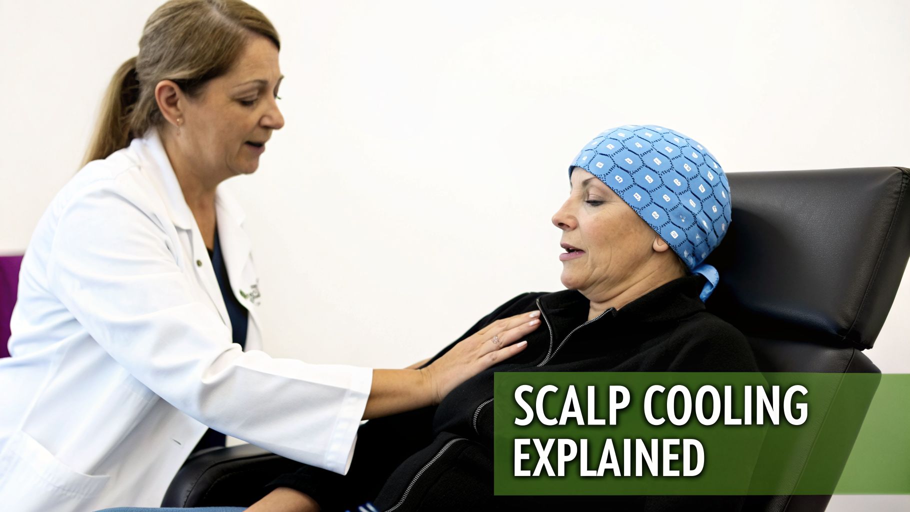 A doctor comforts a patient wearing a blue scalp cooling cap during a chemotherapy session.