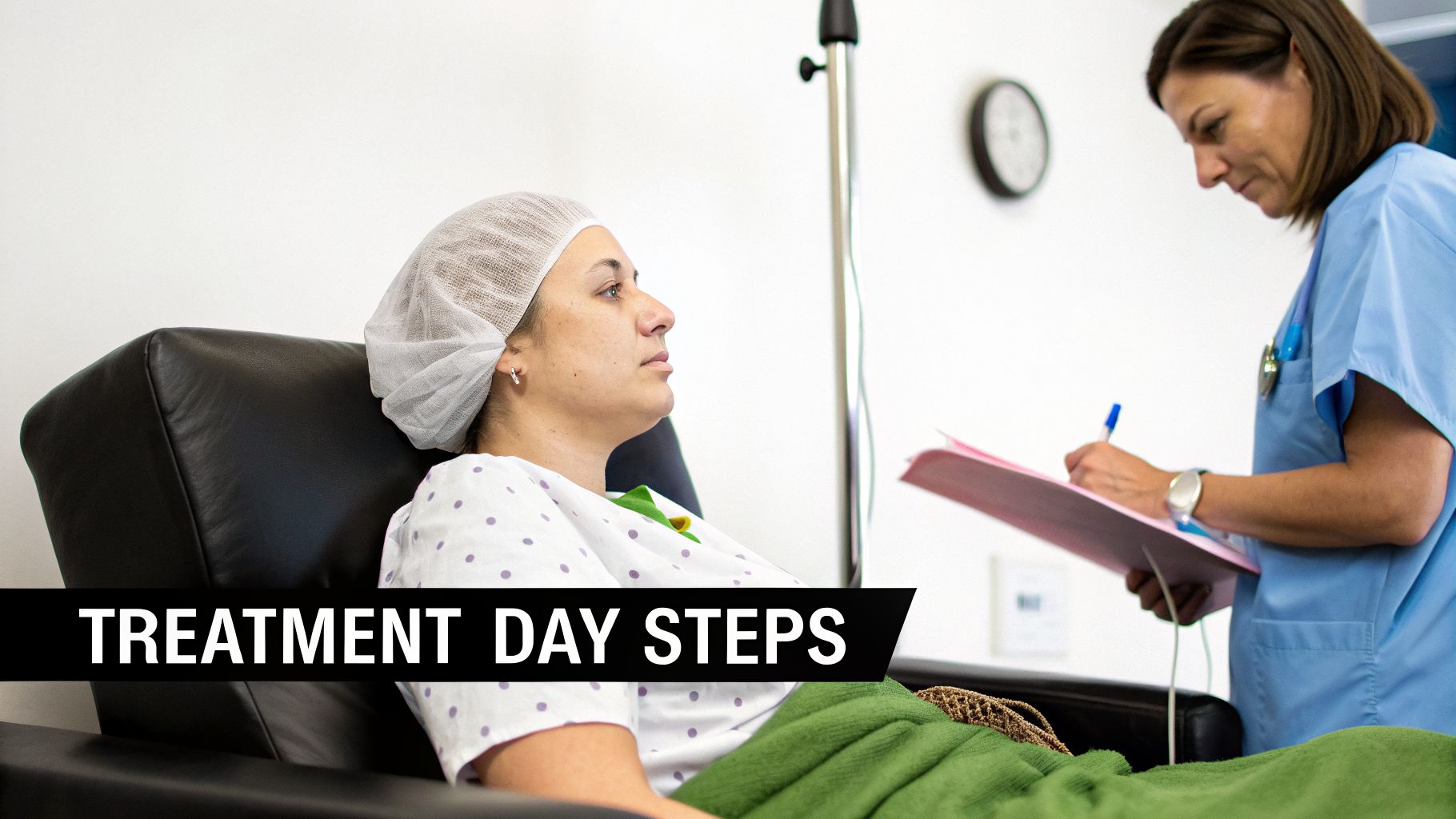 A female patient sits in a chair, wearing a medical cap and gown, while a nurse records notes.