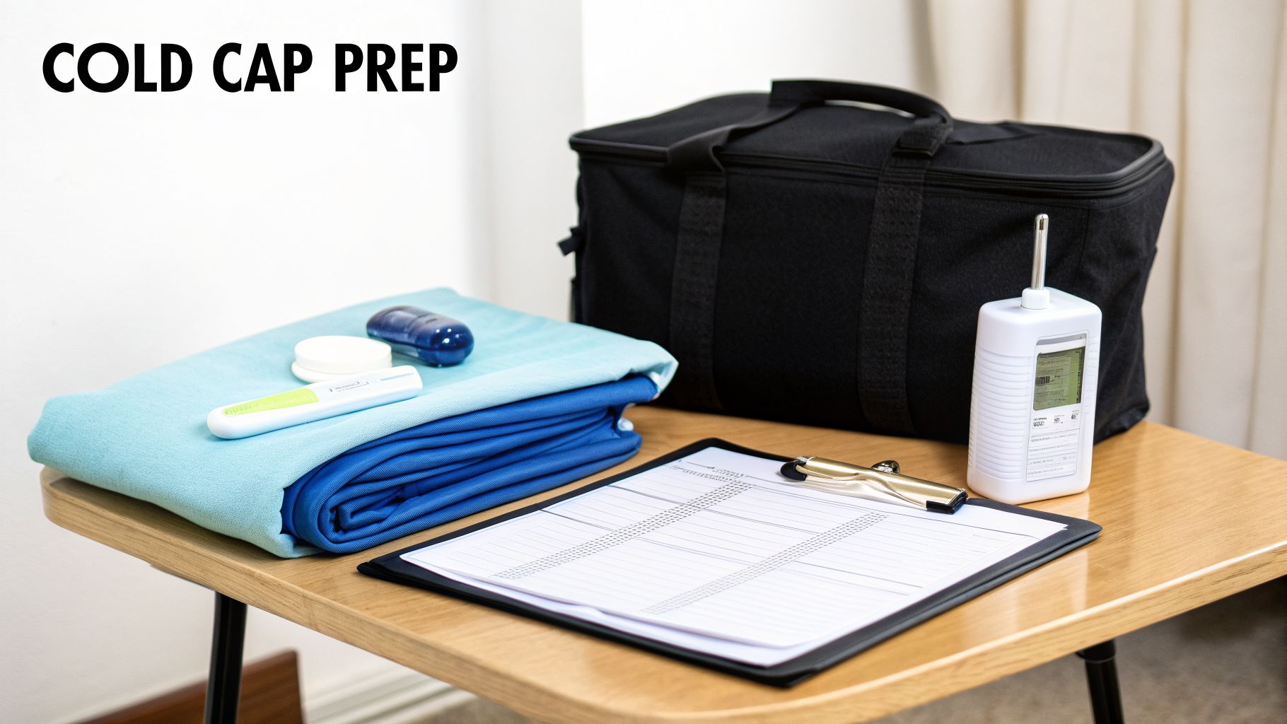 Medical supplies for cold cap preparation, including blue fabrics, a device, and a clipboard on a table.