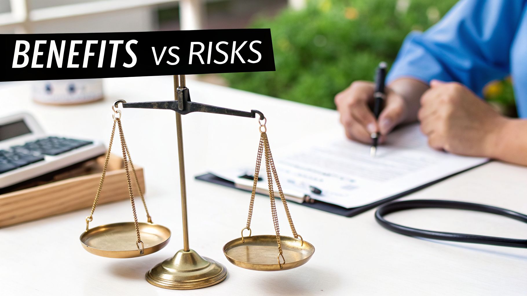 A doctor signs a document at a desk with a scale weighing benefits vs risks, a calculator, and a stethoscope.
