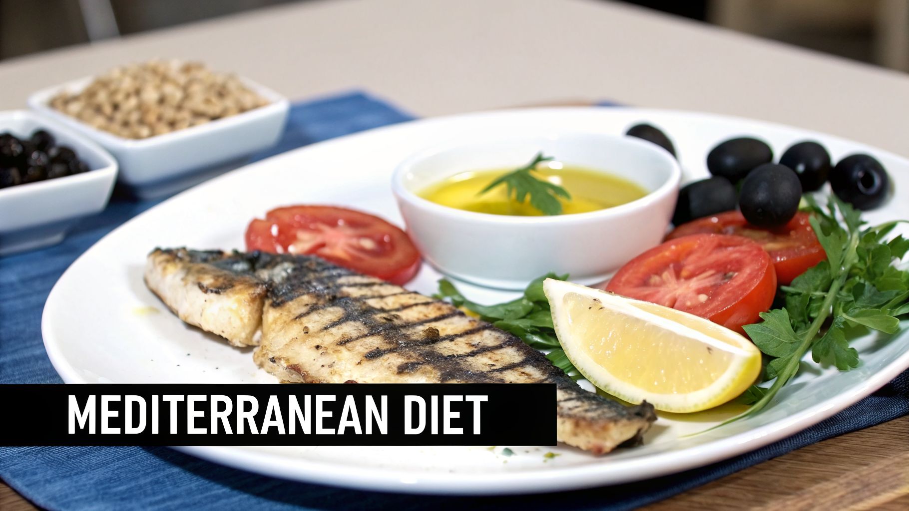 A healthy Mediterranean meal with grilled fish, tomatoes, lemon, olive oil, and olives.