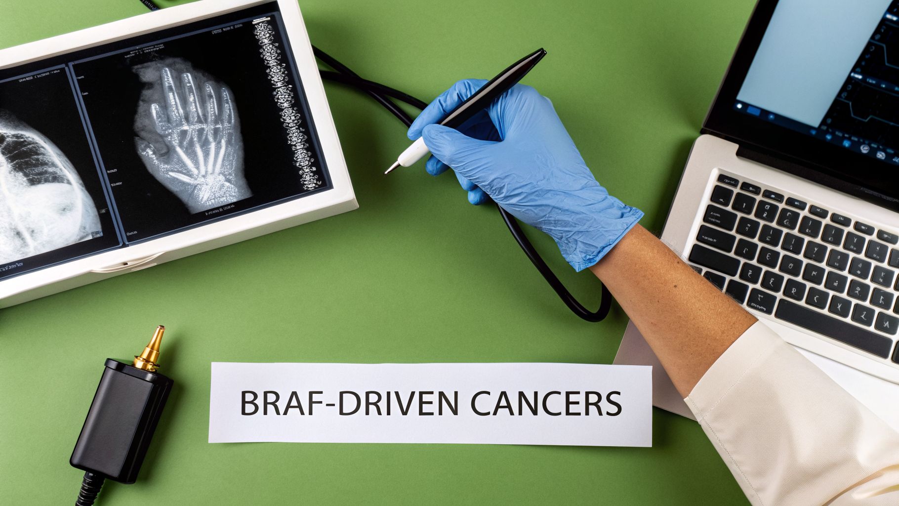 A doctor's hand in a blue glove holds a stylus next to X-rays and a paper reading 'BRAF-DRIVEN CANCERS'.