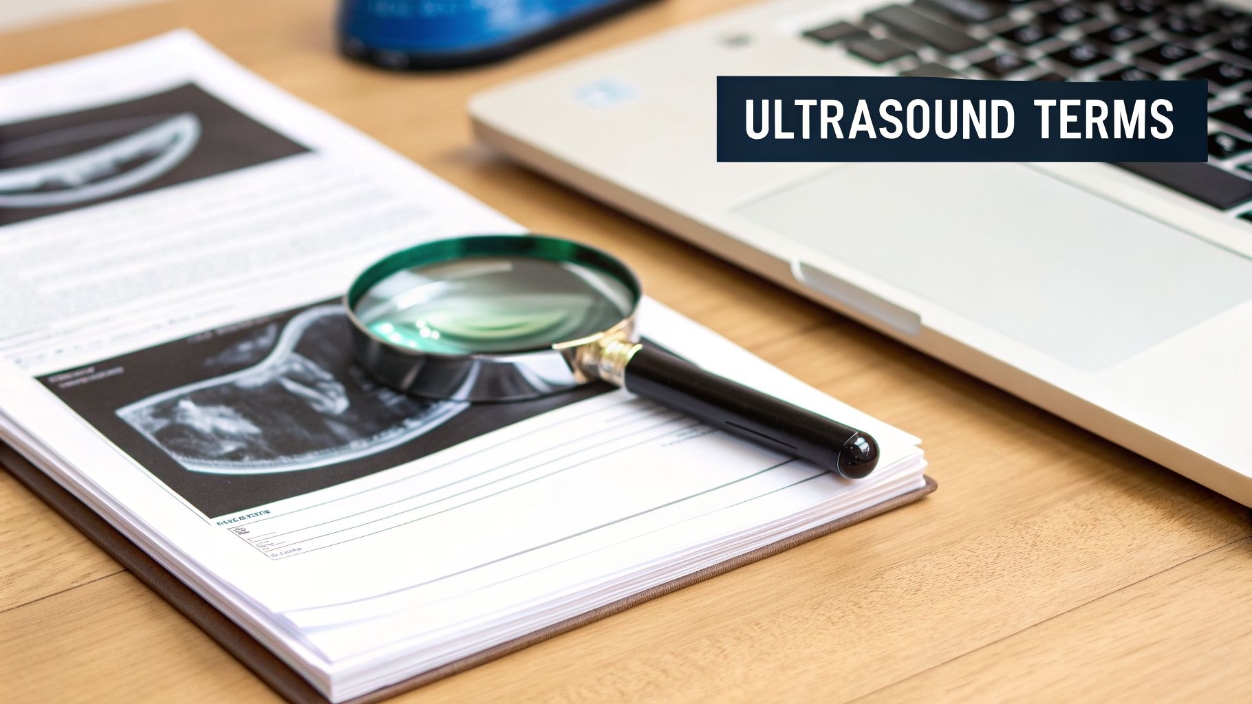 A magnifying glass on ultrasound reports and images, next to a laptop, for medical review.