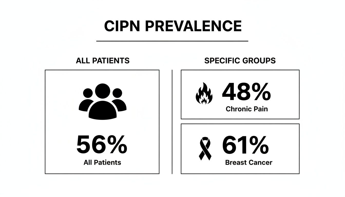Infographic displaying CIPN prevalence: 56% for all patients, 48% for chronic pain, and 61% for breast cancer.