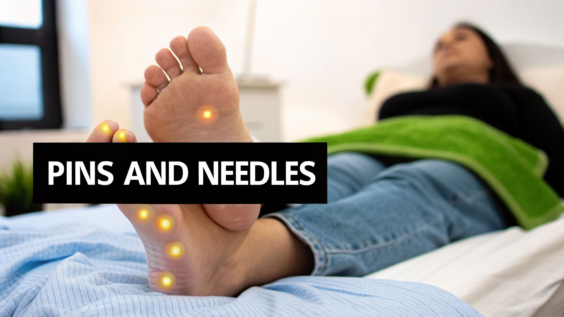 A person lies down, with their feet showing glowing points on the soles and toes, representing nerve sensations.