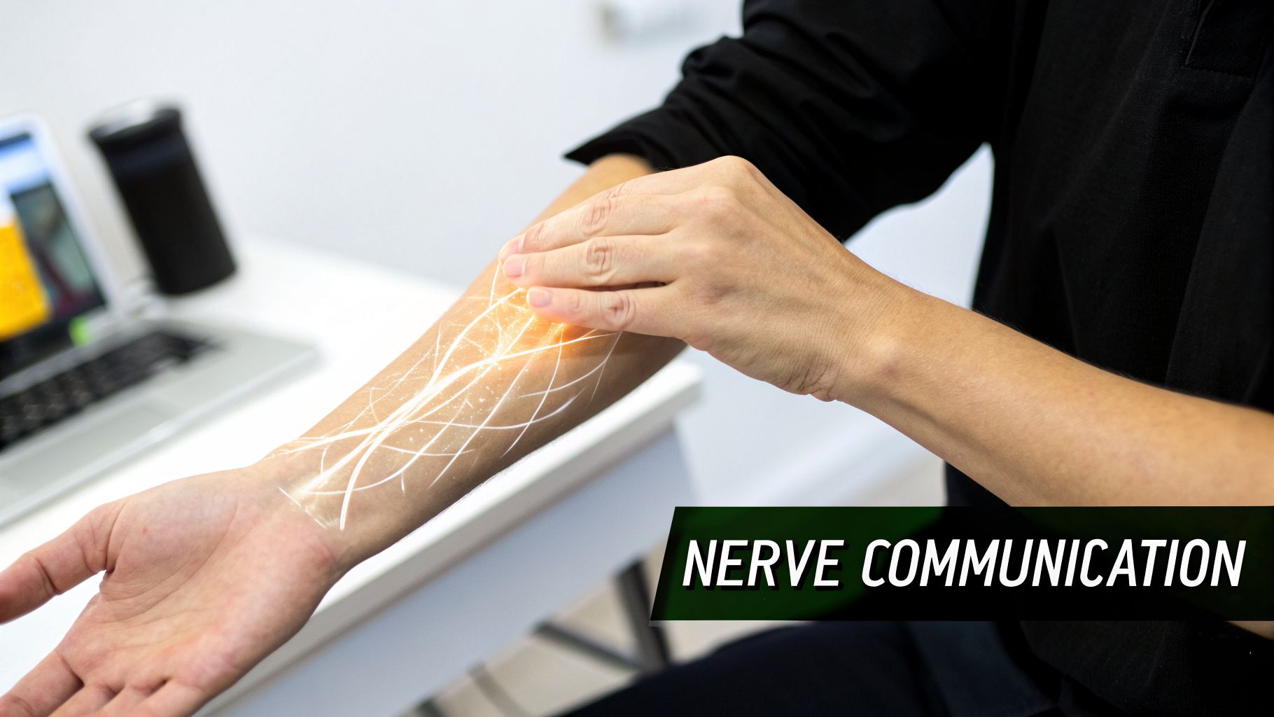 Close-up of an arm with glowing nerve lines and an orange energy highlight, showing nerve communication.
